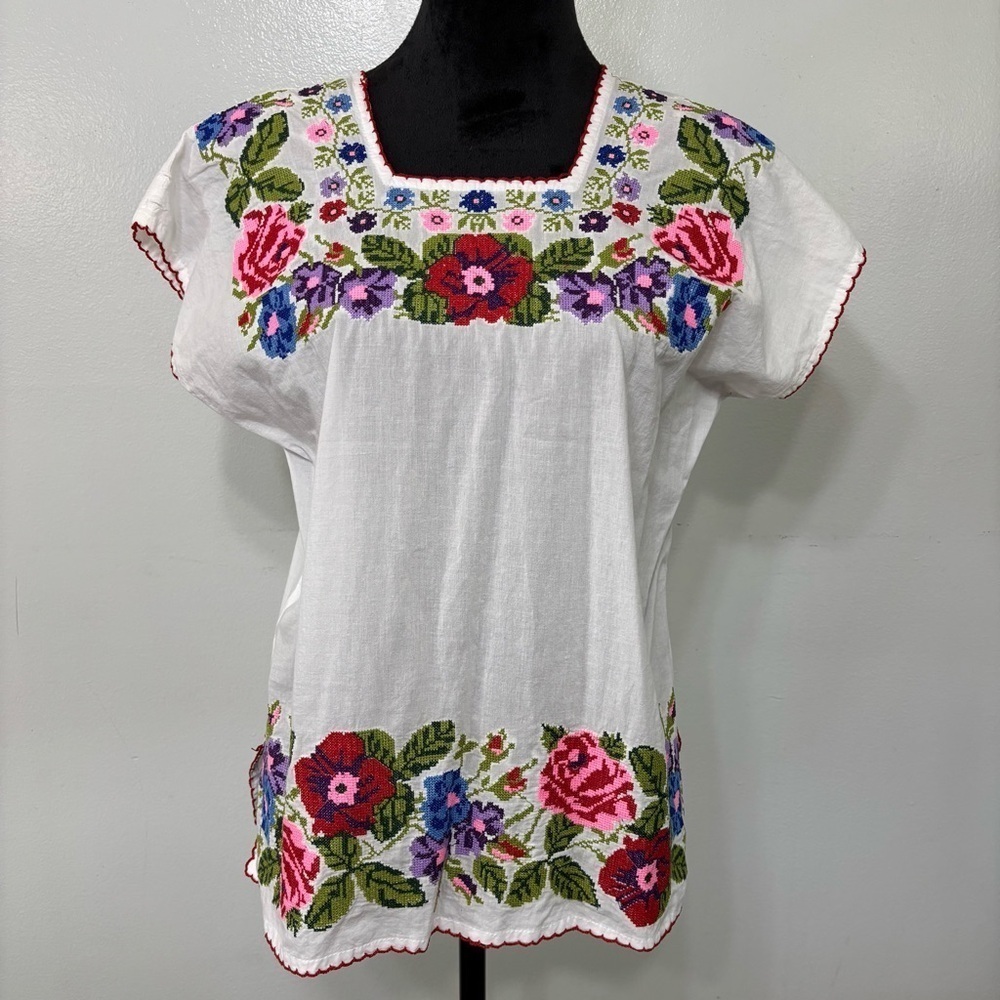 Durga Boho 100% Cotton Floral Embroidered White Top Size S